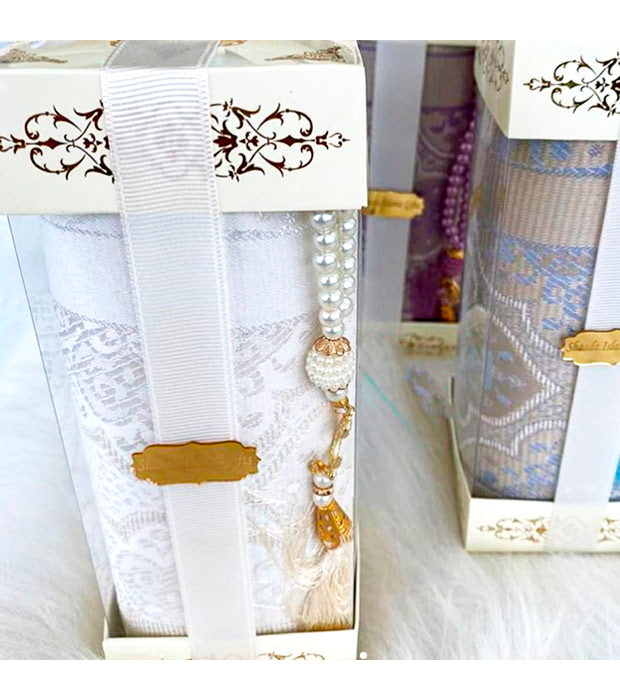 Praying Mat & Tasbeeh Gift Set - White - Image 2