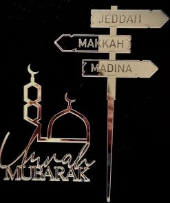 Acrylic Umrah Mubarak Cake Topper – Mosque & Signboard Design