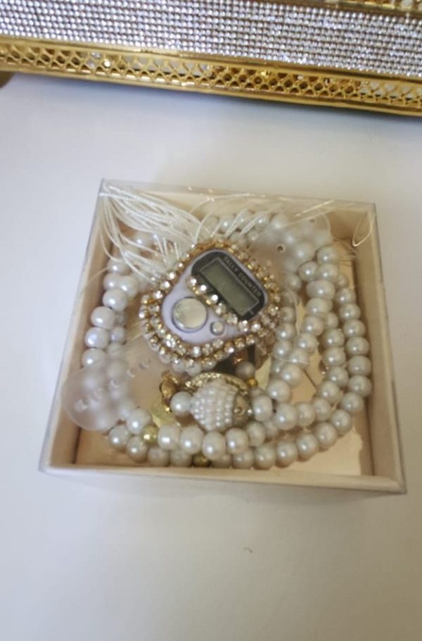 Digital Counter with Pearl Tasbeeh Gift Set-White