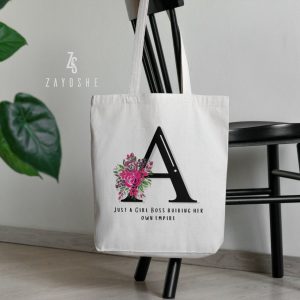 Floral Letter Tote Bag, Personalization Gift Tote Bag