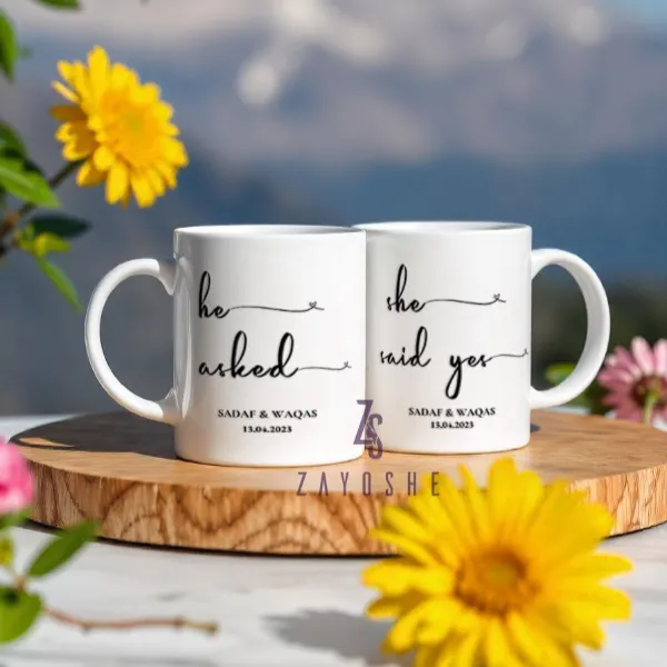 Personalised Engagement Mug Set He Asked She Said Yes Mugs