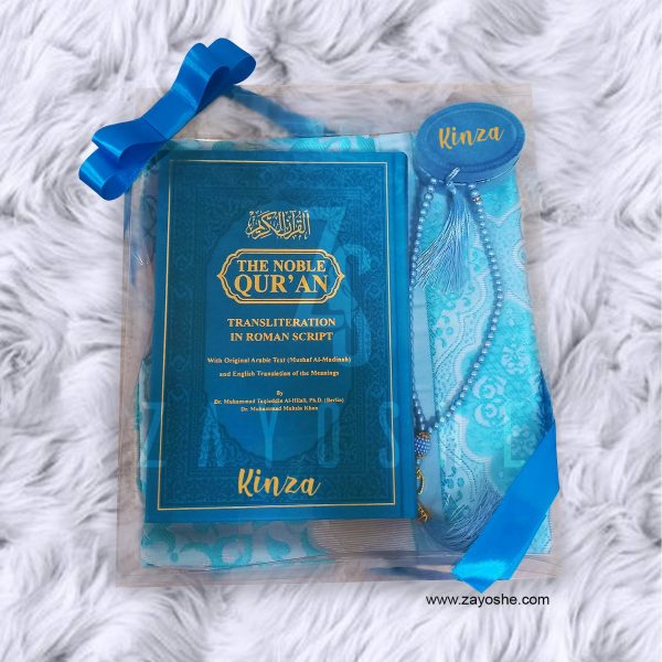 light-blue-quran Personalized Islamic Gift Set With Noble Quran (Transliteration In Roman Script)
