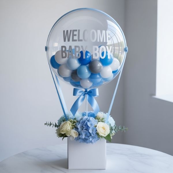 Newborn Baby Boy Blue Floral Balloon
