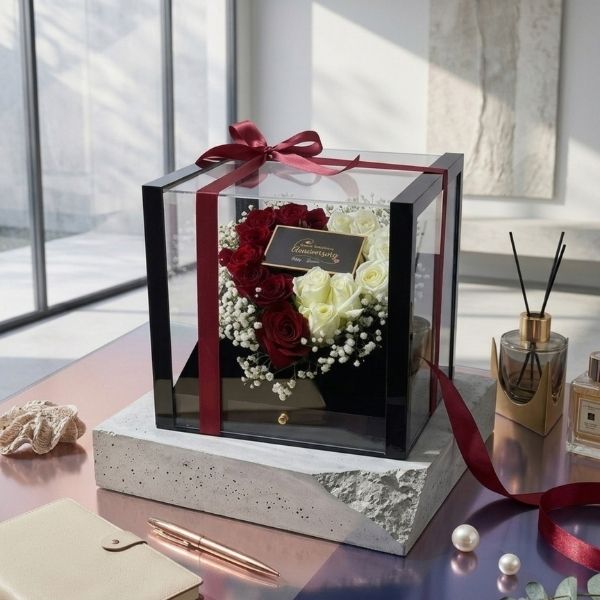 Customized Anniversary Floral Heart and Chocolate Drawer Box