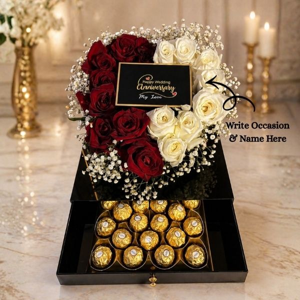 Customized Anniversary Floral Heart and Chocolate Drawer Box