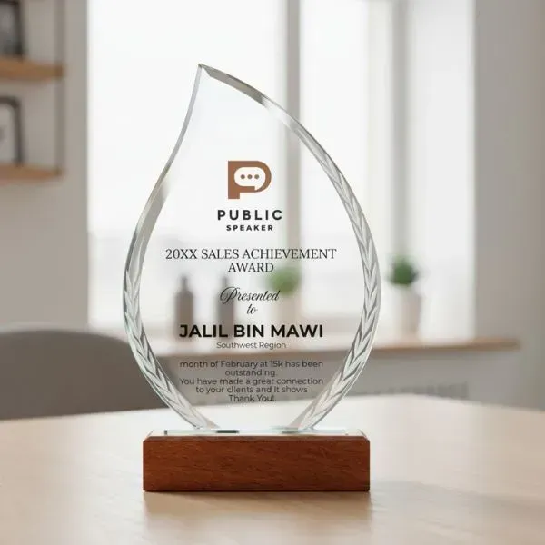 Personalized Crystal Flame Plaque with Laurel Engraving