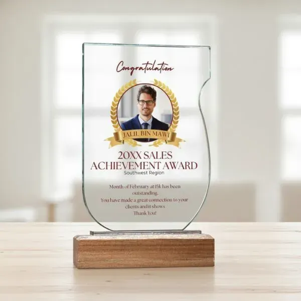 Personalized Vertical Glass Plaque with Wooden Base
