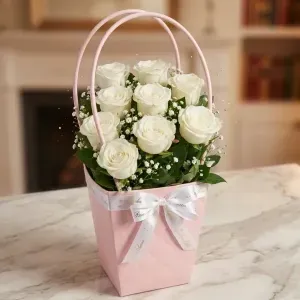 Elegance in Pink Flower Bag with White Roses 1 Elegance in Pink Flower Bag with White Roses