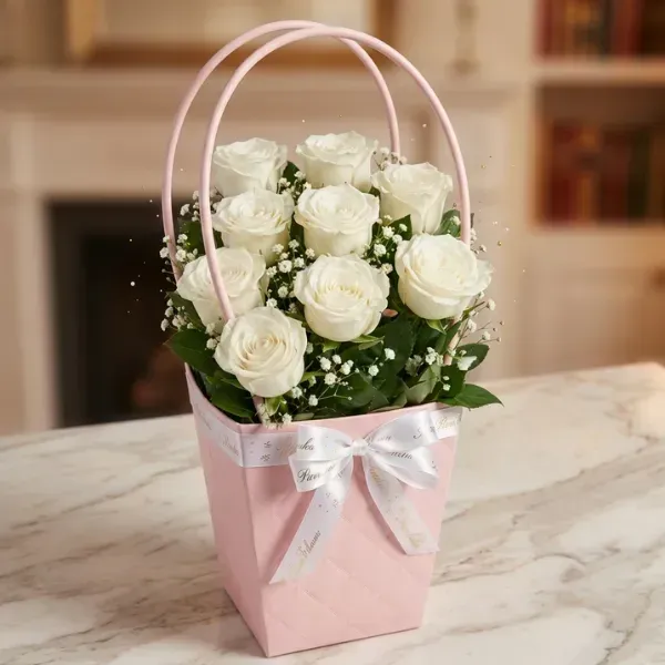 Elegance in Pink Flower Bag with White Roses 1 Elegance in Pink Flower Bag with White Roses