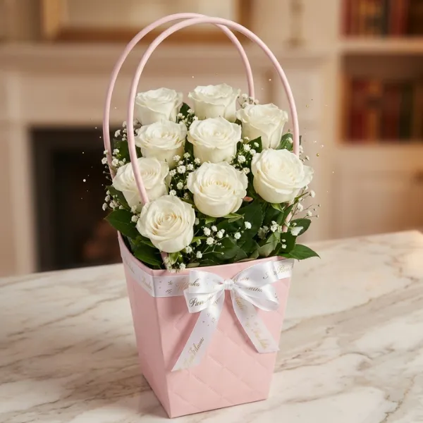 Pure White Roses with Blush Basket Arrangement in Sharjah