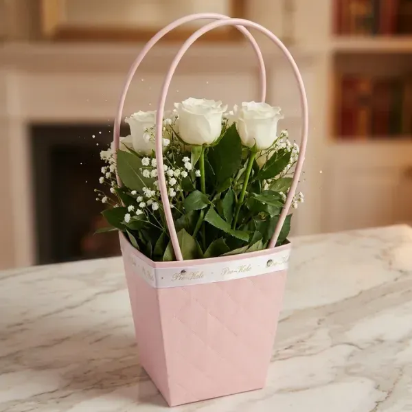 Elegance in Pink Flower Bag with White Roses 2 Pure White Roses with Blush Basket Arrangement