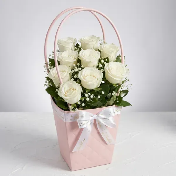 Elegance in Pink Flower Bag with White Roses 3 Pure White Roses with Blush Basket Arrangement