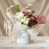 Luxury Mixed Flower Box – Elegant White Hat Box Bouquet 1 Luxury mixed flower box with white roses, burgundy mums, pink disbud chrysanthemums, and hanging amaranthus in a white hat box