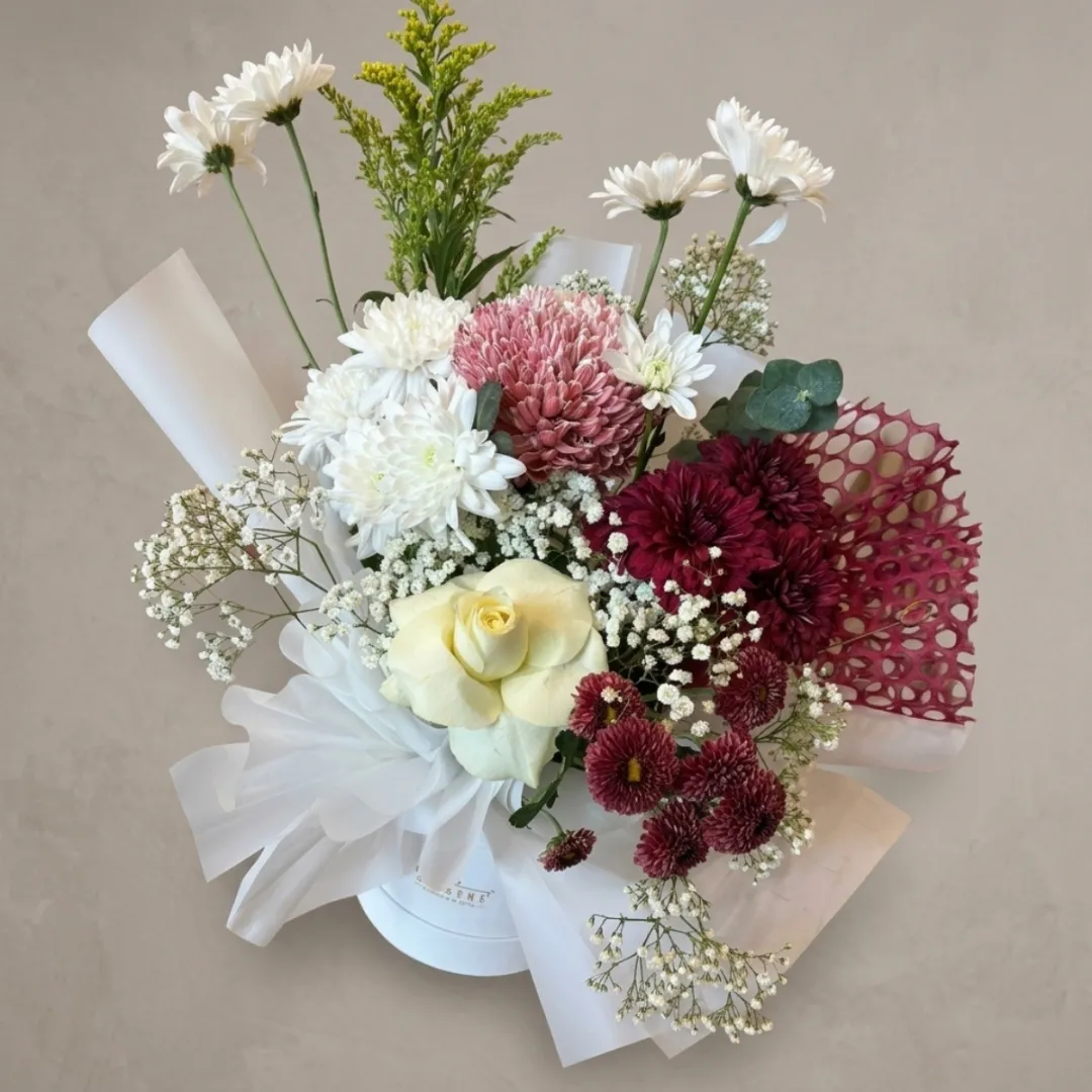 Elegant Mixed Flower Bouquet in White Hatbox - Flowers gift from ZAYOSHE in Maleha Street, Sharjah, UAE - image 2