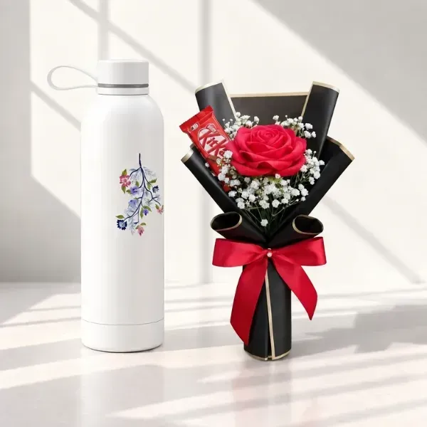 Personalized Teacher Name Bottle & Single Rose Bouquet -Teachers’ Day Gift Set