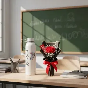 Teachers day bundle bottle+flower4 Personalized Teacher Name Bottle & Single Rose Bouquet -Teachers’ Day Gift Set