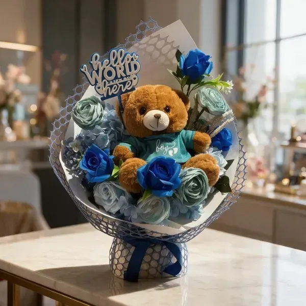 Hello World Baby Boy Teddy Bear & Bouquet