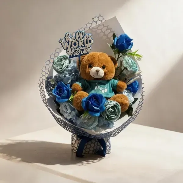 Hello World Baby Boy Teddy Bear & Bouquet