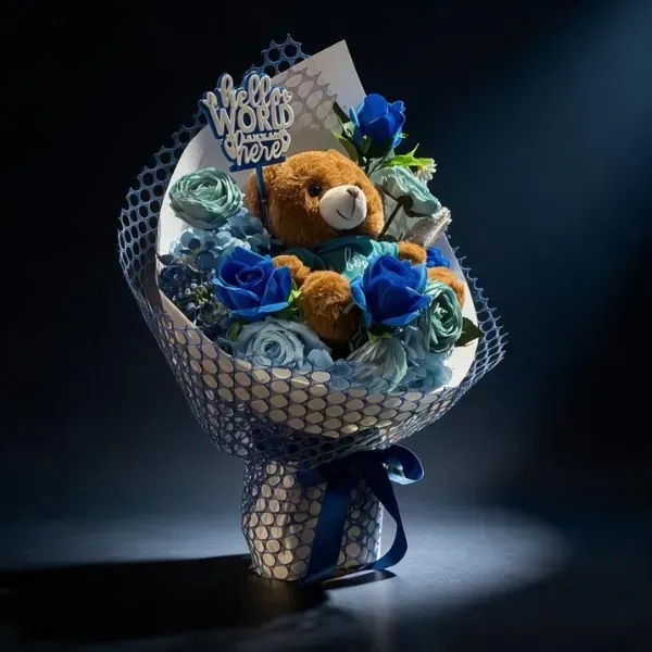 Hello World Baby Boy Teddy Bear & Bouquet