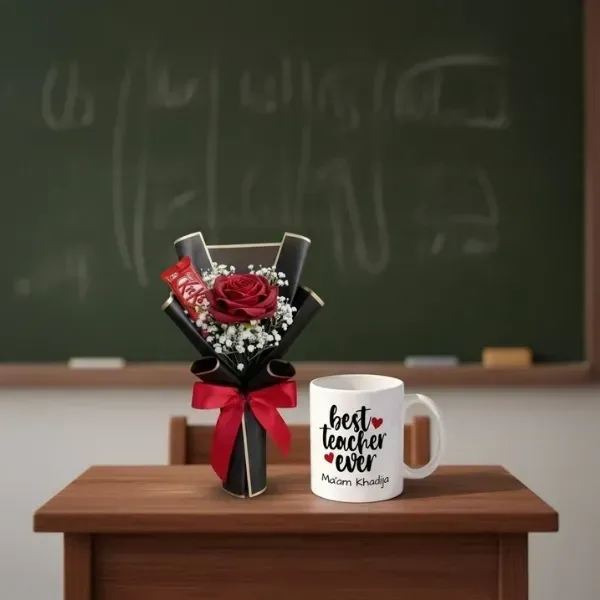 mug+rose 2 Best Teacher Ever Mug with Red Rose