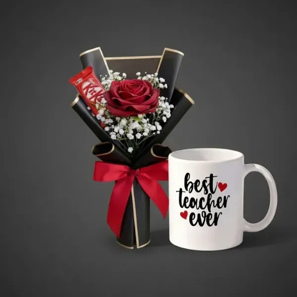 mug+rose Best Teacher Ever Mug with Red Rose