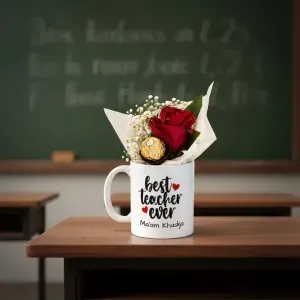 teachers day mug+rose 6 Personalized Best Teacher Ever Mug with Rose & Chocolate