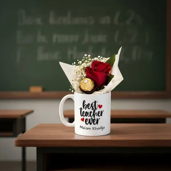 teachers day mug+rose 6 Personalized Best Teacher Ever Mug with Rose & Chocolate